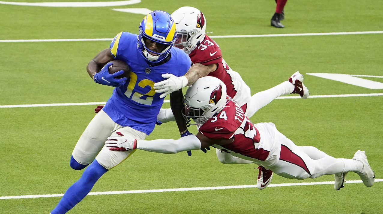 Los Angeles Rams wide receiver Van Jefferson (12) runs against Arizona Cardinals free safety Jalen ...