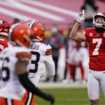 Kansas City Chiefs place kicker Harrison Butker celebrates after kicking a 33-yard field goal during the second half of an NFL divisional round football game against the Cleveland Browns, Sunday, Jan. 17, 2021, in Kansas City. (AP Photo/Jeff Roberson)
