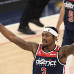 Washington Wizards guard Bradley Beal (3) gestures during the second half of an NBA basketball game against the Phoenix Suns, Monday, Jan. 11, 2021, in Washington. (AP Photo/Nick Wass)