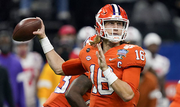 Clemson quarterback Trevor Lawrence passes against Ohio State during the first half of the Sugar Bo...