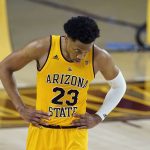 
              Arizona State forward Marcus Bagley pauses on the court in the closing moments of the team's overtime loss to UCLA in an NCAA college basketball game Thursday, Jan. 7, 2021, in Tempe, Ariz. UCLA won 81-75. (AP Photo/Ross D. Franklin)
            