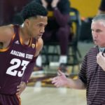 Arizona State coach Bobby Hurley talks to Marcus Bagley during the first half of the team's NCAA college basketball game against Arizona, Thursday, Jan. 21, 2021, in Tempe, Ariz. (AP Photo/Rick Scuteri)