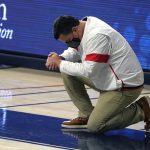 
              Arizona coach Sean Miller reacts after a play during the second half of the team's NCAA college basketball game against Southern California, Thursday, Jan. 7, 2021, in Tucson, Ariz. (AP Photo/Rick Scuteri)
            