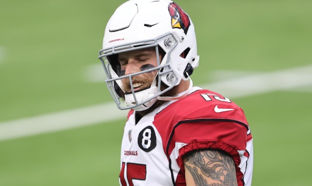 Chris Streveler #15 of the Arizona Cardinals reacts during the first half against the Los Angeles R...