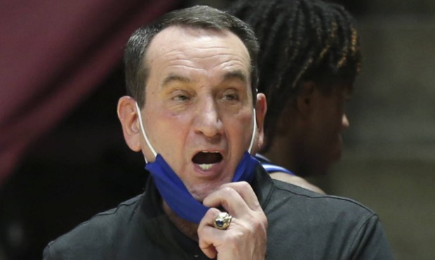 Duke coach Mike Krzyzewski shouts during the first half of the team's NCAA college basketball game ...