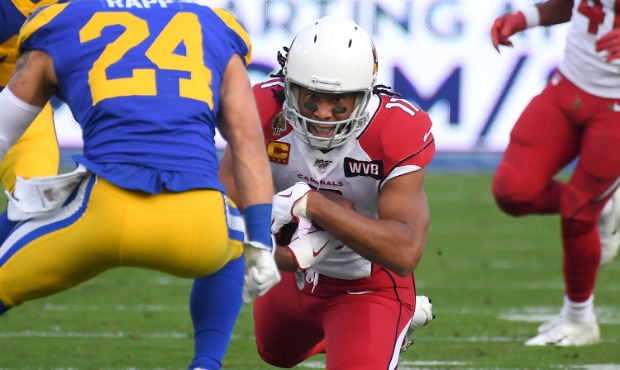 Larry Fitzgerald #11 of the Arizona Cardinals while playing the Los Angeles Rams at Los Angeles Mem...