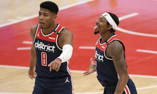 Washington Wizards guard Bradley Beal, right, reacts with forward Rui Hachimura (8) during the seco...