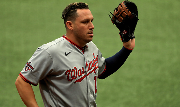 Asdrubal Cabrera #13 of the Washington Nationals looks on during a game against the Tampa Bay Rays ...