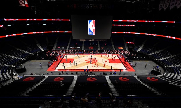General view of the stadium before the game between the Toronto Raptors and the Orlando Magic at Am...