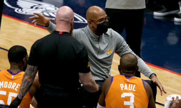 Head Coach Monty Williams of the Phoenix Suns instructs his team during the fourth quarter of an NB...