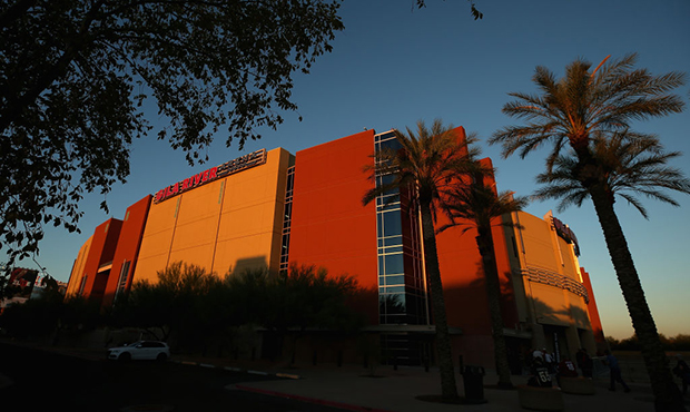 General view outside of Gila River Arena before the NHL game between the Arizona Coyotes and the De...