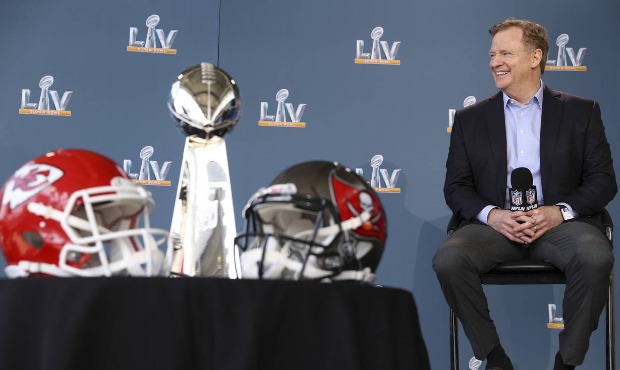 NFL football commissioner Roger Goodell speaks at a press conference ahead of Super Bowl 55, Thursd...
