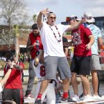 Tampa Bay Buccaneers NFL football tight end Rob Gronkowski dances as he and others celebrate their Super Bowl 55 victory over the Kansas City Chiefs with a boat parade in Tampa, Fla., Wednesday, Feb. 10, 2021. (Dirk Shadd/Tampa Bay Times via AP