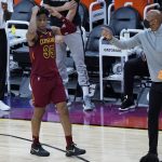 Cleveland Cavaliers guard Isaac Okoro (35) reacts after a foul call against him during the second half of an NBA basketball game against the Phoenix Suns, Monday, Feb. 8, 2021, in Phoenix. (AP Photo/Matt York)