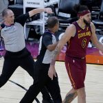 
              Referee Marat Kogut ejects Cleveland Cavaliers center JaVale McGee (6) during the second half of an NBA basketball game against the Phoenix Suns, Monday, Feb. 8, 2021, in Phoenix. (AP Photo/Matt York)
            