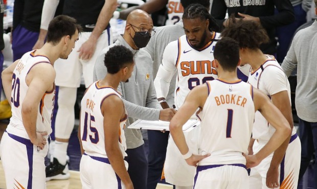 Phoenix Suns coach Monty Williams talks to his team during a timeout against the Portland Trail Bla...