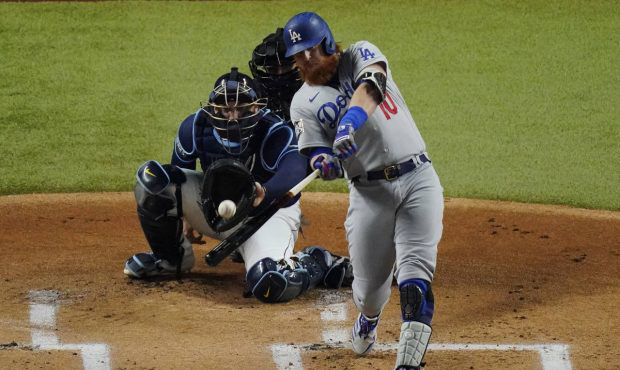 FILE - In this Oct. 24, 2020, file photo, Los Angeles Dodgers' Justin Turner hits a home run agains...