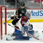 Arizona Coyotes center Drake Caggiula (91) scores a goal against Colorado Avalanche goaltender Hunter Miska (32) during the third period of an NHL hockey game Friday, Feb. 26, 2021, in Glendale, Ariz. The Avalanche won 3-2. (AP Photo/Ross D. Franklin)