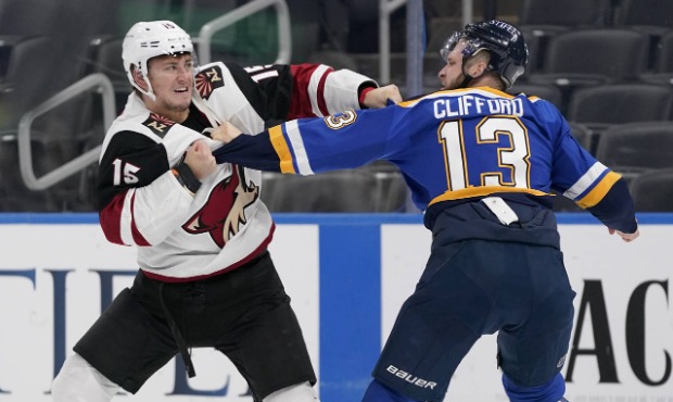 Arizona Coyotes' John Hayden (15) and St. Louis Blues' Kyle Clifford (13) fight during the first pe...