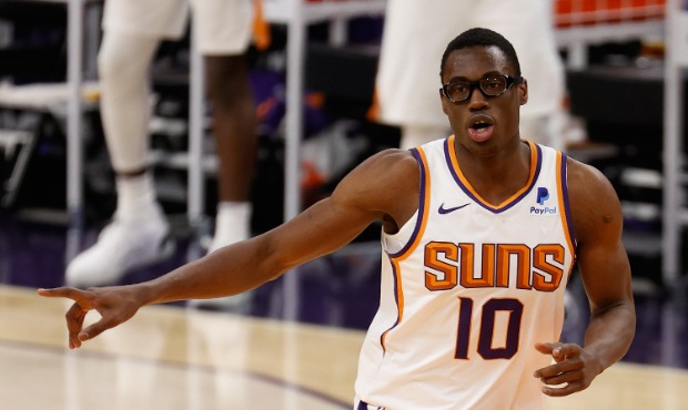 Jalen Smith #10 of the Phoenix Suns reacts after scoring against the Dallas Mavericks during the fi...