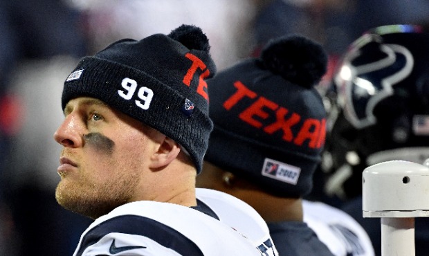 J.J. Watt #99 of the Houston Texans looks on from the sidelines in the fourth quarter of the AFC Di...
