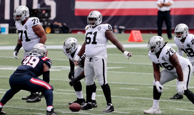 Las Vegas Raiders center Rodney Hudson (61) during a game between the New England Patriots and the ...