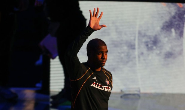 Chris Paul #3 of Team James is introduced prior to the 70th NBA All-Star Game at State Farm Arena o...