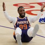 Phoenix Suns forward Jae Crowder complains after being fouled during the first half of an NBA basketball game against the Los Angeles Lakers Tuesday, March 2, 2021, in Los Angeles. (AP Photo/Mark J. Terrill)