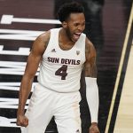 Arizona State's Kimani Lawrence (4) celebrates after scoring against Washington State during the second half of an NCAA college basketball game in the first round of the Pac-12 men's tournament Wednesday, March 10, 2021, in Las Vegas. (AP Photo/John Locher)
