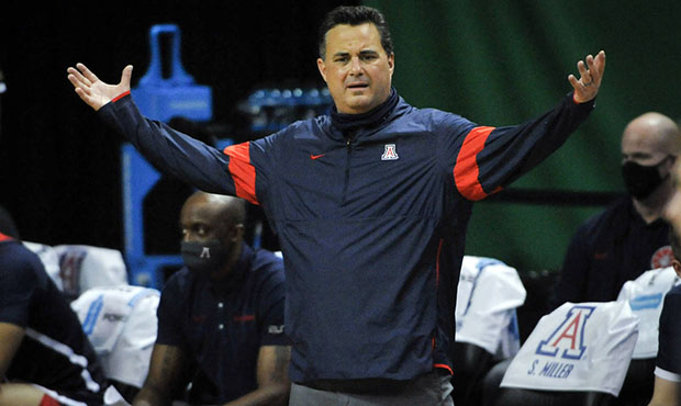 Arizona head coach Sean Miller questions a call during the second half of an NCAA college basketbal...