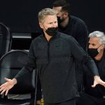 Golden State Warriors head coach Steve Kerr reacts to a call during the first half of an NBA basketball game against the Phoenix Suns, Thursday, March 4, 2021, in Phoenix. (AP Photo/Rick Scuteri)