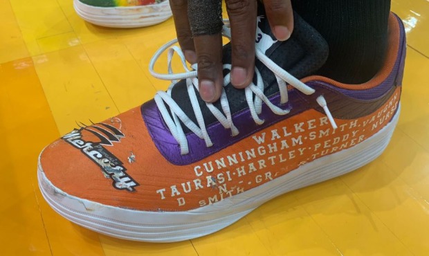 Deandre Ayton's shoe honoring the Phoenix Mercury worn on Sunday, March 21, 2021, in a win over the...