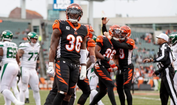 Shawn Williams #36 and members of the Cincinnati Bengals defense celebrate a sack during the second...