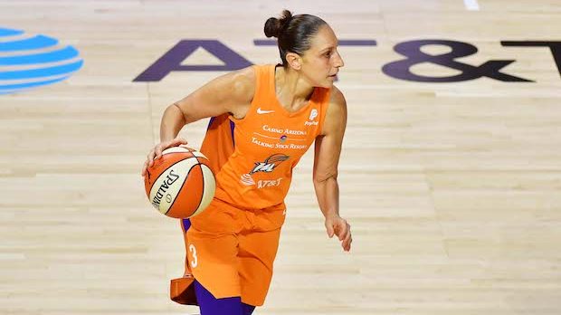 Diana Taurasi #3 of the Phoenix Mercury dribbles during the first half of a game against the New Yo...