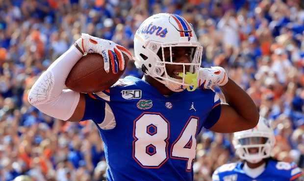 Kyle Pitts #84 of the Florida Gators celebrates a touchdown during the game against the Vanderbilt ...