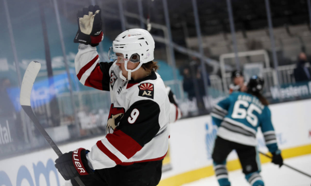 Arizona Coyotes right wing Clayton Keller (9) celebrates after scoring a goal against the San Jose ...
