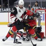 Arizona Coyotes left wing Johan Larsson (22) and Vegas Golden Knights defenseman Nicolas Hague (14) battle it out in front of the net during the third period of an NHL hockey game Friday, April 9, 2021, in Las Vegas. (AP Photo/David Becker)