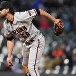 Arizona Diamondbacks relief pitcher Stefan Crichton works in the seventh inning of a baseball game against the Colorado Rockies Tuesday, April 6, 2021, in Denver. (AP Photo/David Zalubowski)