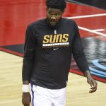 Phoenix Suns center Deandre Ayton (22) warms up before an NBA basketball game against the Houston Rockets in Houston, Monday, April 5, 2021. (Troy Taormina/Pool Photo via AP)