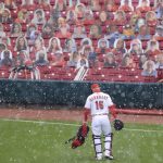 Cincinnati Reds' Tucker Barnhart walks to the bullpen as snow falls prior to the continuation of a baseball game against the Arizona Diamondbacks in Cincinnati, Wednesday, April 21, 2021. The game was suspended in the eighth inning the day before due to rain. (AP Photo/Aaron Doster)