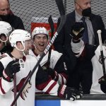 Arizona Coyotes left wing Michael Bunting, center, celebrates with teammates after his third goal of the game was confirmed in a video review during the second period of an NHL hockey game against the Los Angeles Kings Monday, April 5, 2021, in Los Angeles. (AP Photo/Mark J. Terrill)
