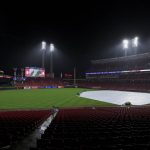 A trap covers the infield during a rain delay in the eighth inning of a baseball game between the Arizona Diamondbacks and the Cincinnati Reds in Cincinnati, Tuesday, April 20, 2021. (AP Photo/Aaron Doster)