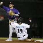 Colorado Rockies' Trevor Story throws to first after forcing out Arizona Diamondbacks' Asdrubal Cabrera during the seventh inning of a baseball game Friday, April 30, 2021, in Phoenix. David Peralta was safe at first. (AP Photo/Darryl Webb)