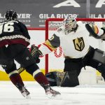 Vegas Golden Knights goaltender Robin Lehner, right, makes a save on a shot from Arizona Coyotes center Derick Brassard (16) during the second period of an NHL hockey game Friday, April 30, 2021, in Glendale, Ariz. (AP Photo/Ross D. Franklin)