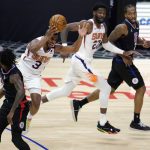 Phoenix Suns guard Chris Paul (3) is fouled by Los Angeles Clippers guard Patrick Beverley, left, during the second half of an NBA basketball game Thursday, April 8, 2021, in Los Angeles. Beverley was ejected after a fragrant foul on the play. (AP Photo/Marcio Jose Sanchez)