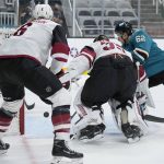 San Jose Sharks right wing Kevin Labanc (62) scores a goal past Arizona Coyotes goaltender Darcy Kuemper (35) during the first period of an NHL hockey game Wednesday, April 28, 2021, in San Jose, Calif. (AP Photo/Tony Avelar)