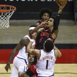 Houston Rockets forward Kenyon Martin Jr. (6) shoots against the Phoenix Suns during the first quarter of an NBA basketball game in Houston, Monday, April 5, 2021. (Troy Taormina/Pool Photo via AP)