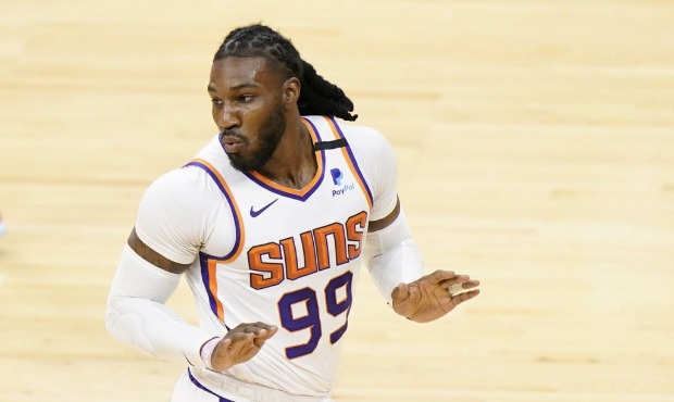 Jae Crowder of the Phoenix Suns reacts to a play during the game