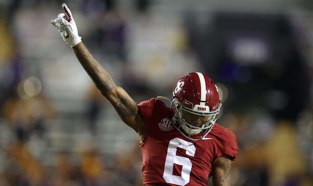 DeVonta Smith #6 of the Alabama Crimson Tide reacts during the game against the LSU Tigers at Tiger...