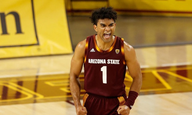 Remy Martin #1 of the Arizona State Sun Devils reacts to a three-point shot against the Arizona Wil...
